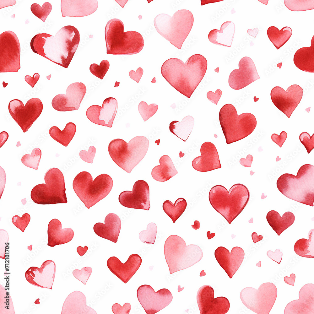 Seamless pattern with red hearts on white background. Watercolor illustration.