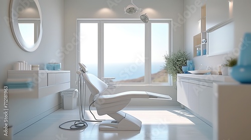 The dental chair is located in the consultation room with white walls and light colored floors. Generative AI.