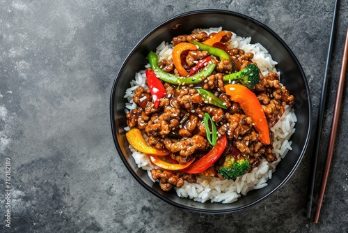 Crispy ground beef and veggies in sweet orange sauce on rice in bowl top view