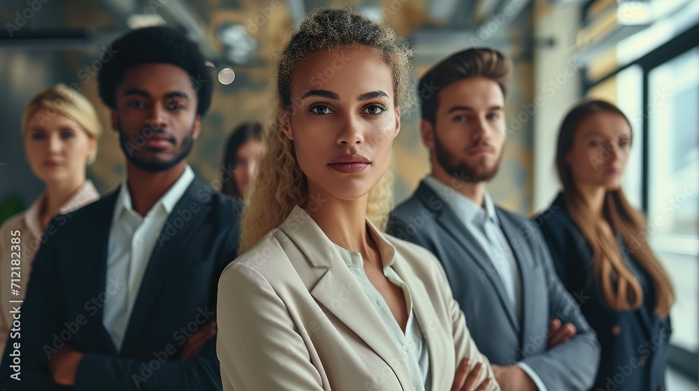 Diverse business people standing in the office, Modern style. Generative AI. Diverse business people standing in the office, Modern style. Generative AI.
