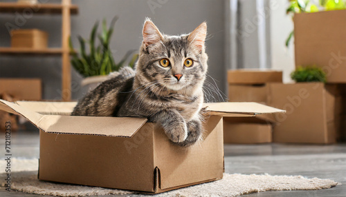 Adorable gray tabby cat comfortably nestled in a cardboard box on the floor at home