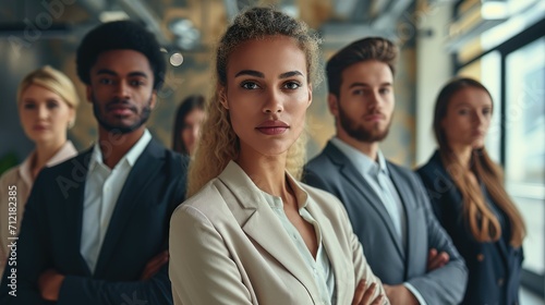 Diverse business people standing in the office, Modern style. Generative AI.