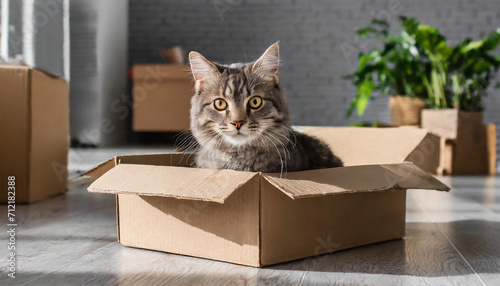 Adorable gray tabby cat comfortably nestled in a cardboard box on the floor at home © Tatiana