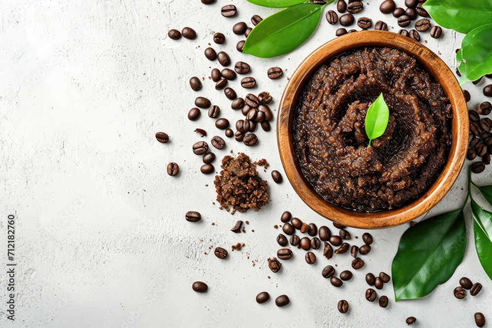 Exfoliating coffee scrub for body care with gel texture Copy space top view Beauty spa concept Exfoliating coffee scrub for body care with gel texture Copy space top view Beauty spa concept