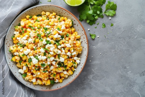 Mexican Street Corn Esquites on a Plate top view Flat lay overhead