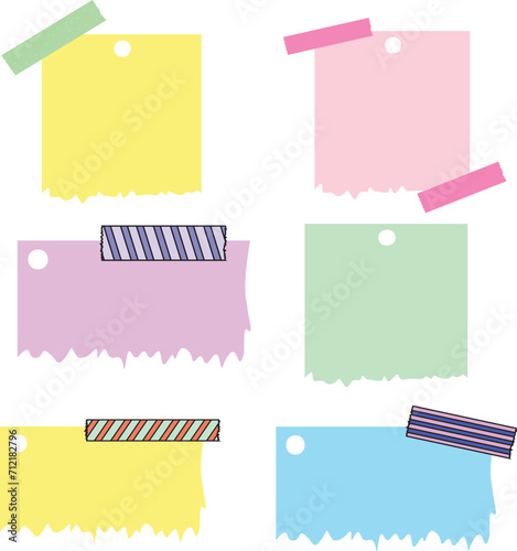 illustration set of cute paper notes for daily planner, Hand drawn notebook sheets doodles. Washi tape goodnotes digital stickers, blank diary aesthetic elements isolated background.