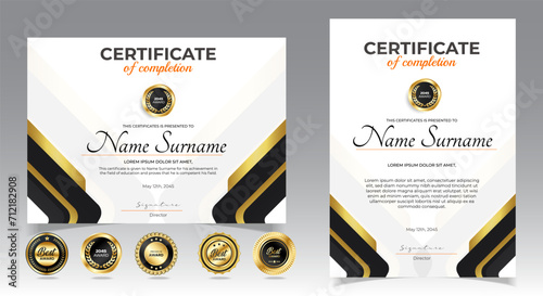 Black and gold certificate of appreciation border template with luxury badge and modern line and shapes. For award, business, and education needs. Diploma vector template