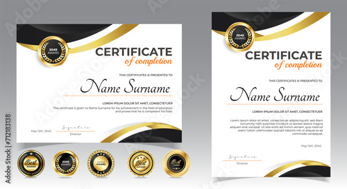 Black and gold certificate of appreciation border template with luxury badge and modern line and shapes. For award, business, and education needs. Diploma vector template