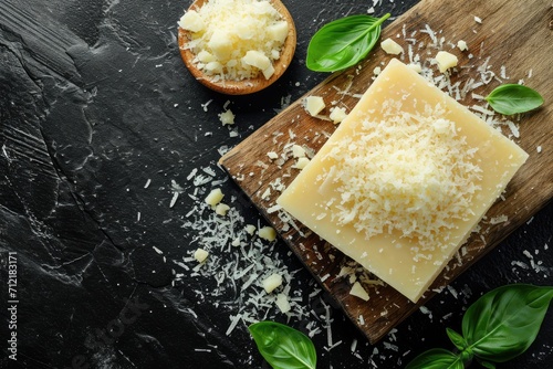 Parmesan cheese on a wooden board Hard cheese on a dark background photo