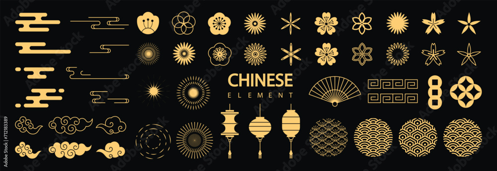 Chinese New Year Icons vector set. Cherry blossom flower, firework, hanging lantern, cloud isolated icon of Asian Lunar New Year holiday decoration vector. Oriental culture tradition illustration. - obrazy, fototapety, plakaty 