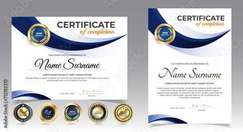 Certificate of appreciation template, gold and blue color. Clean modern certificate with gold badge. Certificate border template with luxury and modern line pattern. Diploma vector template