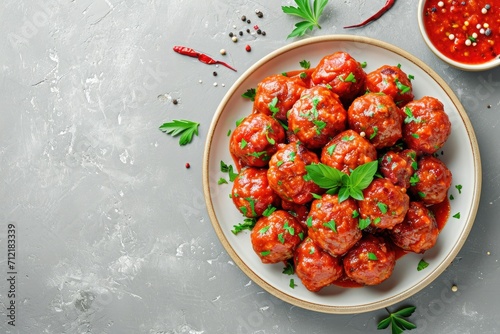 Top view of homemade meatballs with tomato sauce and spices on plate with grey background photo