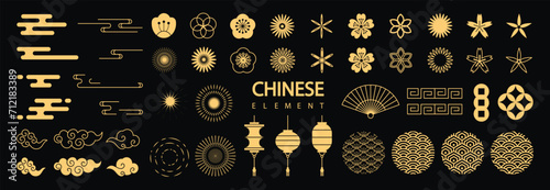 Chinese New Year Icons vector set. Cherry blossom flower, firework, hanging lantern, cloud isolated icon of Asian Lunar New Year holiday decoration vector. Oriental culture tradition illustration.