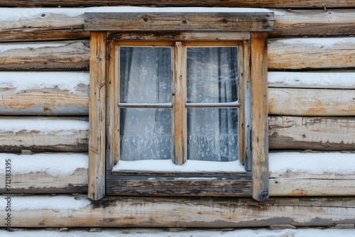 Details of rural buildings in winter including the wooden window of the house and the weather forecast
