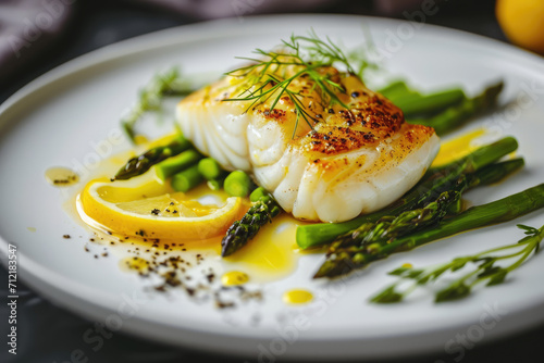 Fine Dining Fish: Atlantic Cod Fillet with Asparagus and Lemon Sauce, Exquisitely Plated on a White Dish, Illuminating a Dark Table in a Gastronomic Overture of Mediterranean Cuisine.

 photo