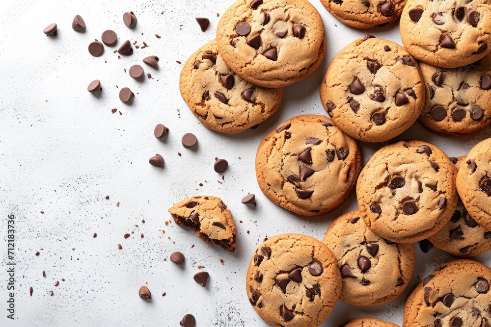 Chocolate chip cookies arranged in a top down flat lay display Chocolate chip cookies arranged in a top down flat lay display