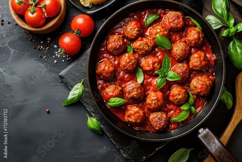 Top view of meatballs and tomato sauce in a frying pan on a dark stone table photo