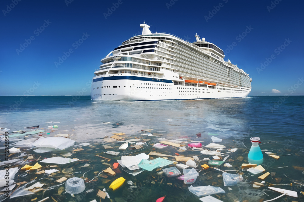 Textured surface, Cruise ship moves into sea with garbage, human traces