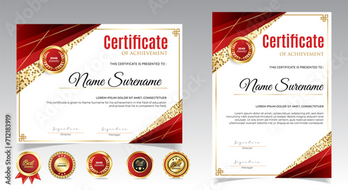 Certificate of appreciation template, gold and red color. Clean modern certificate with gold badge. Certificate border template with luxury and modern line pattern. Diploma vector template