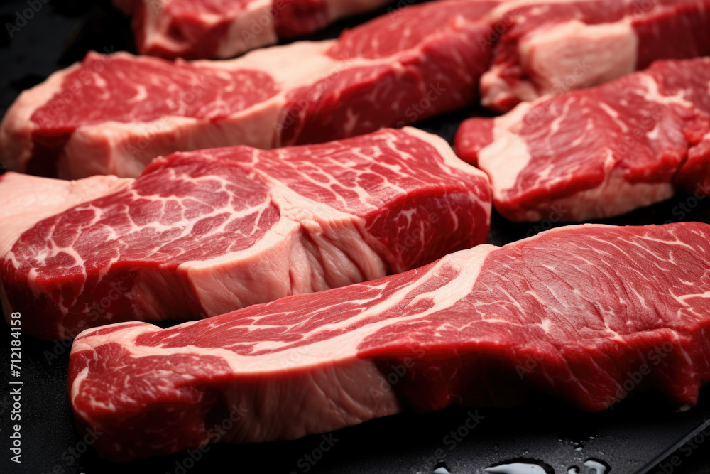 Marbled meat, top blade meat steak, on table background, with copy space for text.