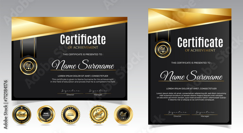 Black and gold certificate of appreciation border template with luxury badge and modern line and shapes. For award, business, and education needs. Diploma vector template