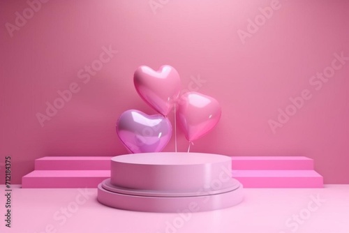 Empty podium, pink heart balloon, abstract Valentine's Day showcase background. Generative AI