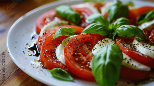 Mouthwatering Caprese Salad  A Symphony of Fresh Basil  Juicy Tomatoes  Creamy Mozzarella  and Tangy Balsamic Drizzle on a Plate.