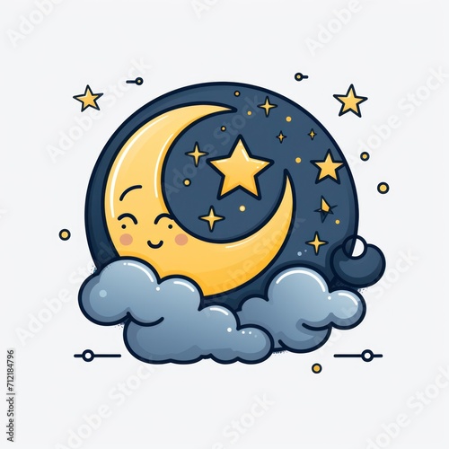 Cute cartoon moon with clouds and stars. illustration in flat style. Generative AI