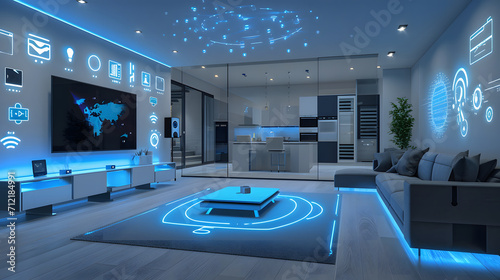 Futuristic smart home interiors showcase the Internet of Things  IoT  connectivity concept with networked devices and appliances.