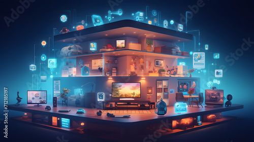 Illustration of a connected smart home environment with interactive devices and IoT technology.