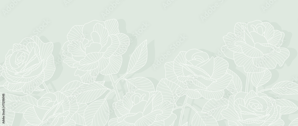 Luxury rose flower line art background vector. Natural botanical elegant flower with white line art. Design illustration for decoration, wall decor, wallpaper, cover, banner, poster, card.
