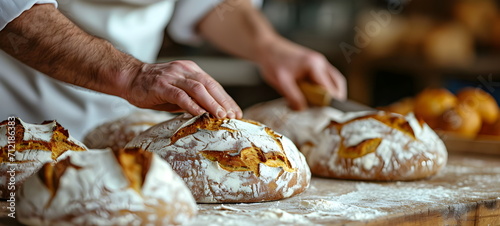 baker's hands sprinkle flour on fresh bread