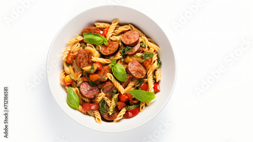 Tasty pasta with smoked sausage tomatoes and basil