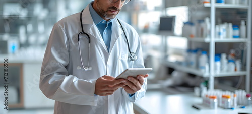 A doctor in a white coat looks at a tablet. Pharmacist. Doctor's office.