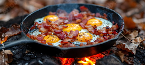 English breakfast. Fried egg on a plate. Fried sausages. Proper nutrition. In a frying pan. Food cooked over an open fire. Beacon, seasonings.