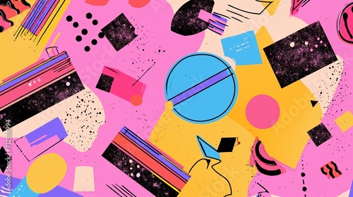 Vibrant 90s style vintage background illustration with funky geometric shapes, neon colors, and retro patterns reminiscent of old-school fashion and pop culture. photo