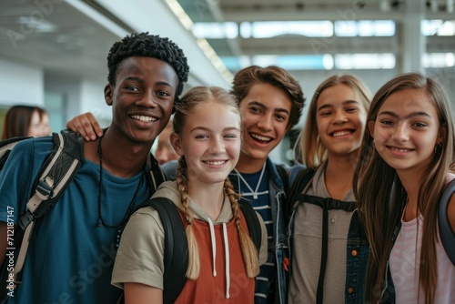 Group of young school students standing in an hall with backpacks and smiling, in the style of close-up intensity,  © kimly