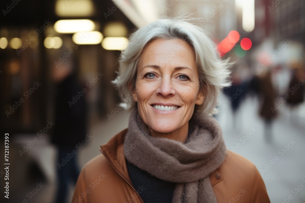 Portrait of happy senior woman in coat and scarf walking in city. Portrait of happy senior woman in coat and scarf walking in city.
