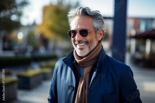 Portrait of a handsome senior man wearing coat and sunglasses, outdoor