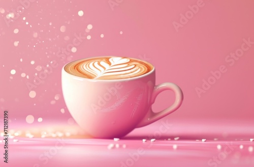 coffee cup on a pink background with latte art