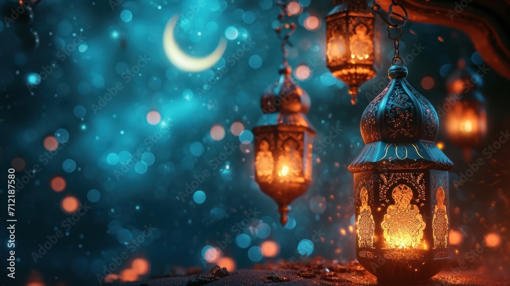 Ramadan ambiance with glowing lanterns, crescent moons, and starry brilliance with copy space Ramadan ambiance with glowing lanterns, crescent moons, and starry brilliance with copy space