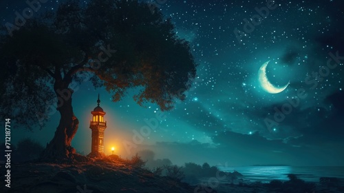 Nighttime Ramadan scene, crescent moon, and calmness in the air with copy space