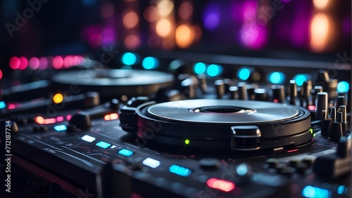 Music party background. Showbiz concept. Professional DJ equipment with bokeh background. Background for music event and club concert.