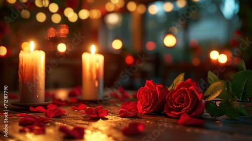 Romantic ambiance with candlelit hearts  roses  and a warm  passionate atmosphere