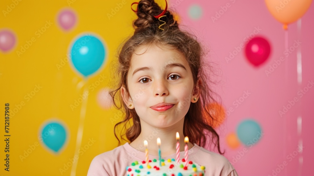 Obraz premium happy birthday litthe girl with birthday cake against vivid minimalist background
