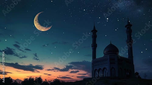 Nighttime Ramadan scene, crescent moon, and calmness in the air with copy space