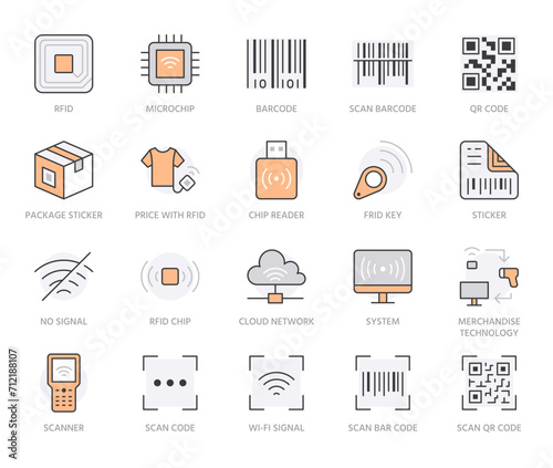 RFID, qr code, barcode line icon set. Price tag scanner, label reader, identification microchip vector illustration. Simple outline signs retail safety application. Orange Color. Editable Stroke