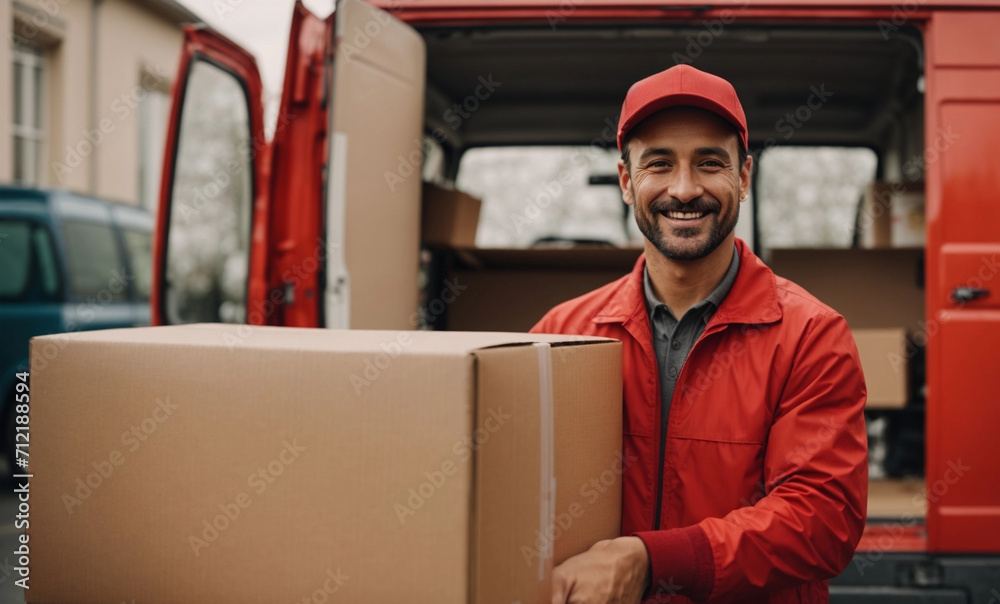 delivery man in red uniform holding a cardboard box near a van truck delivering to customer home. Smiling man postal delivery man delivering a package delivery man in red uniform holding a cardboard box near a van truck delivering to customer home. Smiling man postal delivery man delivering a package