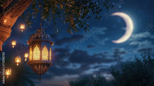 Nighttime Ramadan scene  crescent moon  and calmness in the air with copy space