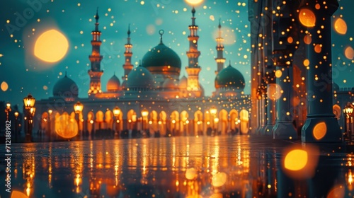 Glowing mosques, twinkling lights, embodying the spirituality and reverence of Ramadan with copy space